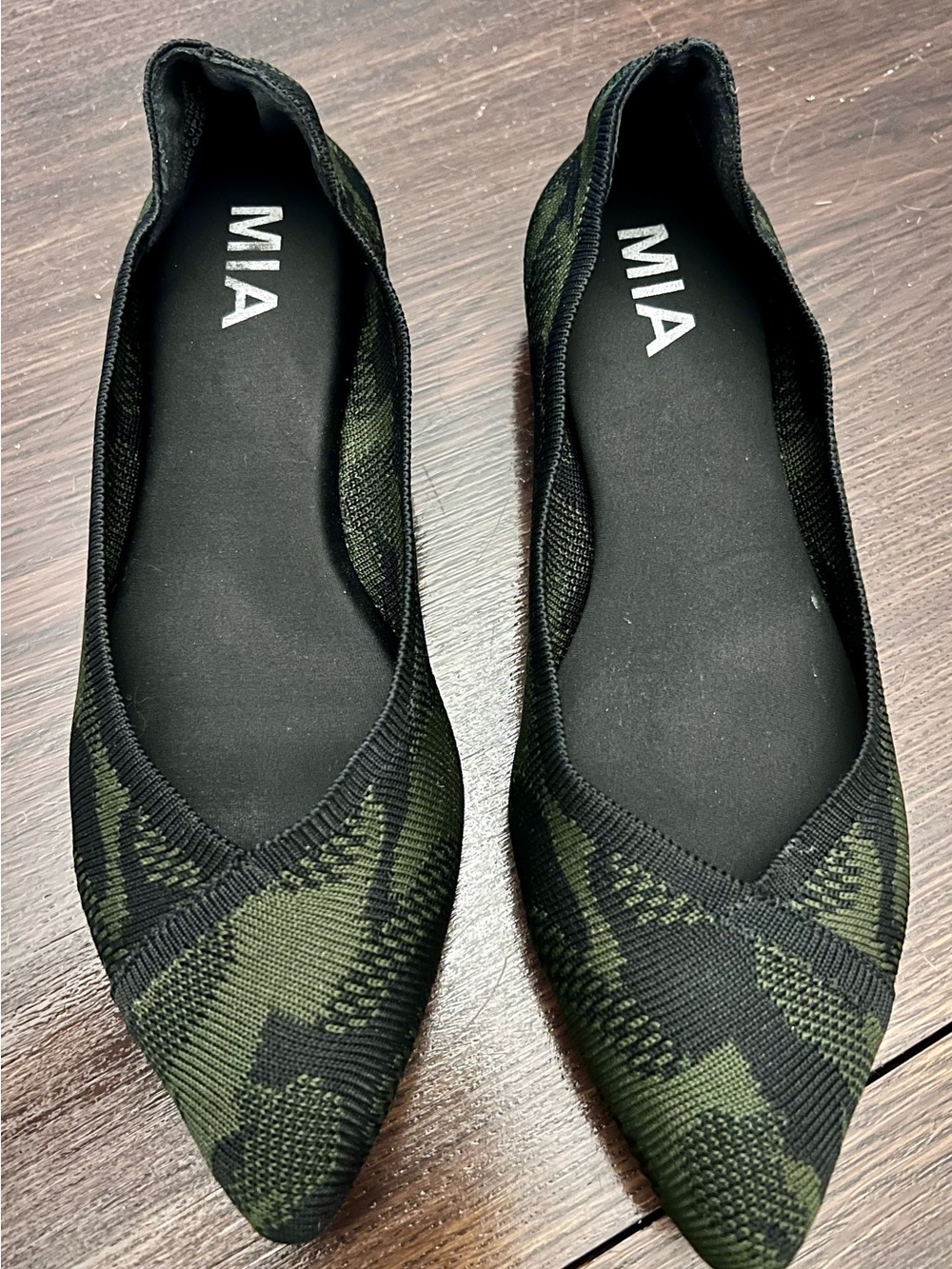 MIA Pointed-Toe Knit Flats in Black and Olive Camo